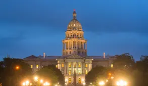 A photo of the Colorado State Capitol at night